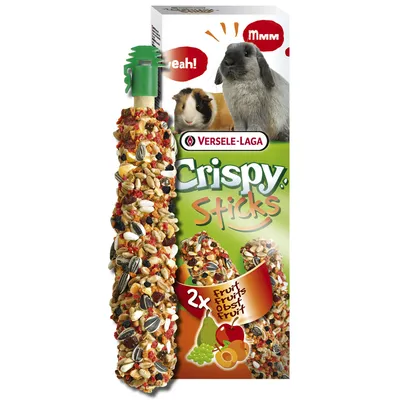 Versele-Laga Crispy Sticks, 2x owoce, z jabłkiem, pomarańczą i winogronem. Opakowanie przedstawia królika i świnkę morską.