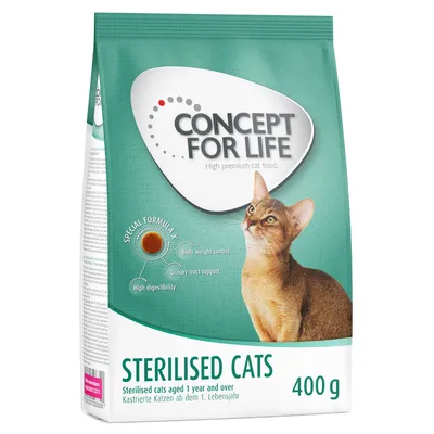 Concept for Life Sterilised Cats 400 g, sterilizált macskáknak. Látható: testtömeg-kontroll, húgyúti támogatás, magas emészthetőség. Angol és német feliratok a csomagoláson.