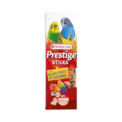 Versele-Laga Prestige Sticks with mixed fruits and flowers. Free from synthetic preservatives, colourings and flavourings. Contains oyster shells.