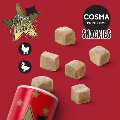 Cosma Pure Love Snackies. Fagyasztva szárított snackek csirkével és kacsával, karácsonyi csomagolásban.