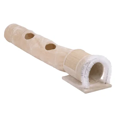 Kattentunnel van beige stof met twee ronde openingen, een sisal krabvlak en witte borstelrand bij de ingang. Geplaatst op een vierkante basis.