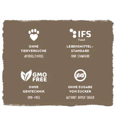 Ohne Tierversuche #crueltyfree, IFS Food Lebensmittel-Standard, GMO free ohne Gentechnik, ohne Zugabe von Zucker without added sugar.