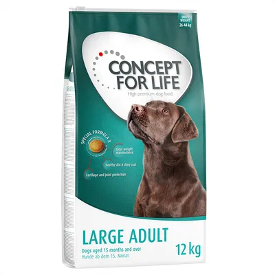 Concept for Life Large Adult, hundefoder til hunde fra 15 måneder, 12 kg. Specialformel: vægtvedligeholdelse, sund hud og pels, beskyttelse af led og brusk.