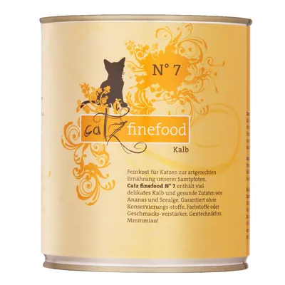 Conservă Catz finefood N° 7 Kalb. Text vizibil în germană: Feinkost für Katzen... Catz finefood N° 7 enthält viel delikates Kalb und gesunde Zutaten wie Ananas und Seealge.
