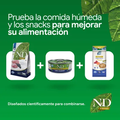 N&D Prime pienso, comida húmeda Lamb & Blueberry y snack. Desarrollado científicamente para combinarse. N&D Prime pienso, comida húmeda Lamb & Blueberry y snack. Desarrollado científicamente para combinarse.
