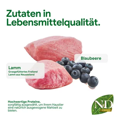 Zutaten in Lebensmittelqualität: Lamm (grasgefüttertes Freilandlamm aus Neuseeland) und Blaubeere. Hochwertige Proteine für eine ausgewogene Mahlzeit. N&D Prime.