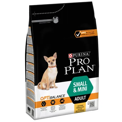 Purina Pro Plan Small & Mini Adult hundfoder, OptiBalance, bild på liten hund, text: Superior level of nutrients, Rich in chicken, förpackning med svart och orange design.