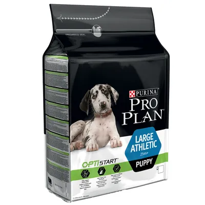 Vreča hrane za pse Purina Pro Plan Large Athletic Puppy 25 kg+, vidna slika mladiča, oznake OPTISTART in ključne ikone na embalaži.