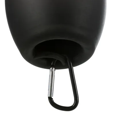 Black rubber container with opening and carabiner for attachment.