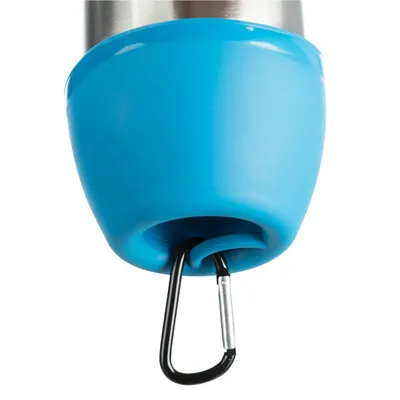 Close-up of a blue plastic lid with integrated carabiner, attached to a stainless steel container.