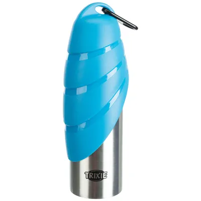 Trixie stainless steel water bottle with blue plastic lid and carabiner.