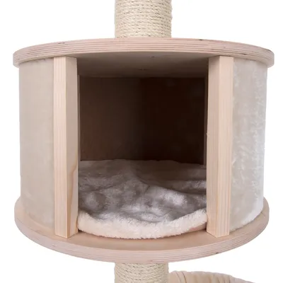 Cat tree with round wooden hideaway, soft plush padding and sisal-wrapped post.