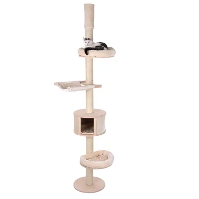 Cat tree with multiple levels, including cave, hammock and resting areas. Beige fabric cover, cat visible on top platform.