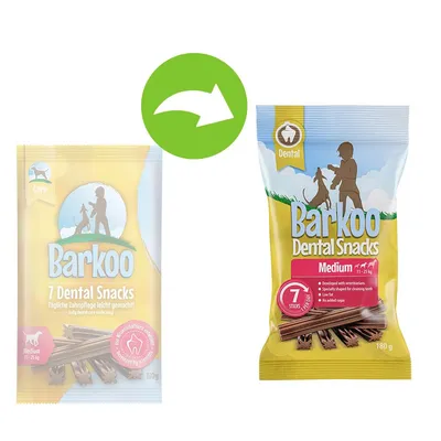 Twee verpakkingen Barkoo Dental Snacks Medium 11–25 kg, elk met 7 stuks, 180 g. Links oud ontwerp, rechts nieuw ontwerp met extra Engelse tekst en pictogrammen.