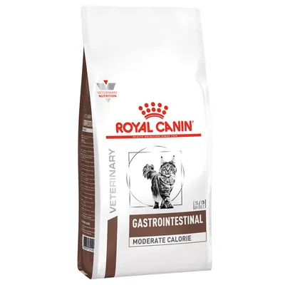 Sac Royal Canin Veterinary Gastrointestinal Moderate Calorie pour chat, texte visible : VETERINARY NUTRITION, GASTROINTESTINAL, MODERATE CALORIE, illustration de chat sur l’emballage.