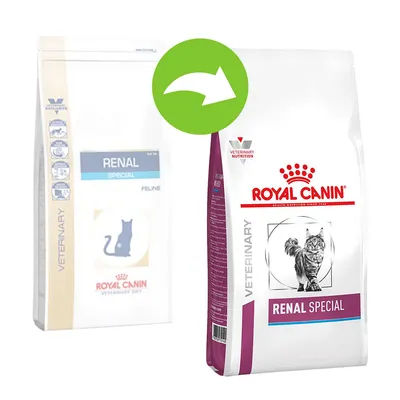 Royal Canin Renal Special -kissanruokapakkauksen ulkoasu muuttuu: vasemmalla vanha ja oikealla uusi pakkaus, molemmissa teksti 'Renal Special' ja kissan kuva.