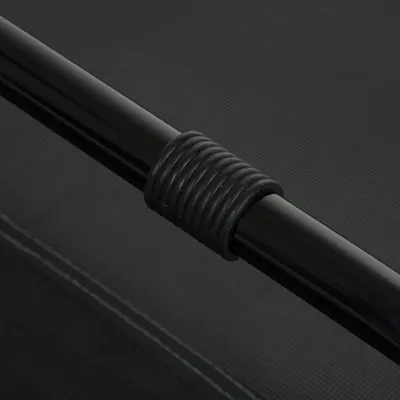 Close-up of a black metal tube with a ribbed plastic ring, part of a product or accessory.