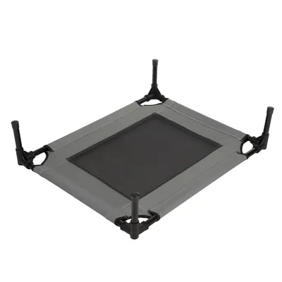 Raised grey pet bed with black mesh fabric and sturdy plastic legs, rectangular shape.