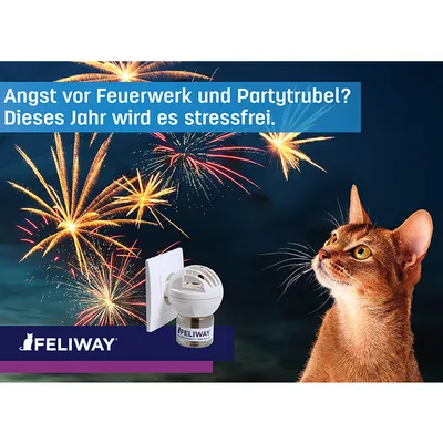 Feliway termékkép szöveggel: Tűzijáték és bulizaj miatti félelem? Idén stresszmentes. Látható egy macskafej, tűzijáték és egy Feliway párologtató.