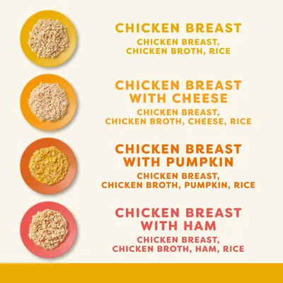 Four product varieties shown: chicken breast; chicken breast with cheese; chicken breast with pumpkin; chicken breast with ham. Ingredients listed for each variety.