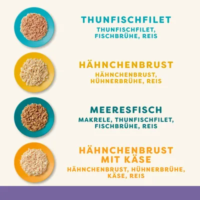 Produktbeschreibung mit Zutaten: Thunfischfilet, Fischbrühe, Reis; Hähnchenbrust, Hühnerbrühe, Reis; Meeresfisch, Makrele, Thunfischfilet, Fischbrühe, Reis; Hähnchenbrust mit Käse, Hühnerbrühe, Käse, Reis.