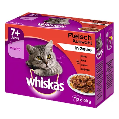 Whiskas 7+ Jahre Vitalität macskatáplálék, Fleisch Auswahl in Gelee, 12×100 g, látható ízek: csirke, marha, bárány, baromfi. Német nyelvű feliratok a csomagoláson.
