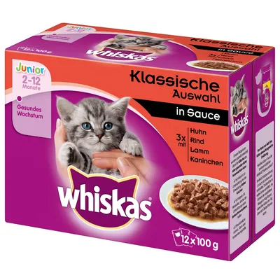 Whiskas Klassische Auswahl in Sauce macskatáplálék, Junior 2–12 Monate, 12×100 g, látható ízek: Huhn, Rind, Lamm, Kaninchen. Cica képe a dobozon.