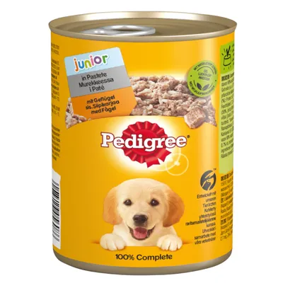Pedigree Junior i paté med fjerkræ, 100% komplet. Udviklet med dyrlæger, indeholder naturlige ingredienser. Gult dåsedesign med produktbeskrivelse. Pedigree Junior i paté med fjerkræ, 100% komplet. Udviklet med dyrlæger, indeholder naturlige ingredienser. Gult dåsedesign med produktbeskrivelse.
