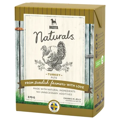 Упаковка Bozita Naturals Turkey Pute, 370 г. Видна надпись: From Swedish farmers with love, made with natural ingredients, no unnecessary additives, chunks in jelly, made in Sweden.