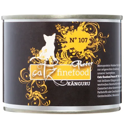 Catz finefood Purrrr N° 107 KÄNGURU -kissanruokapurkki, musta-keltainen etiketti, näkyvissä tuotteen nimi ja numero