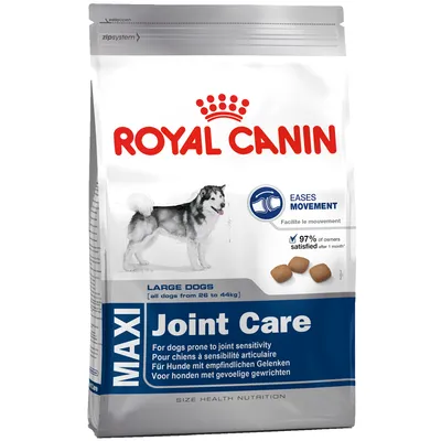 Royal Canin Maxi Joint Care per cani grandi 26–44 kg, scritta 'Eases movement', 97% soddisfatti dopo 1 mese, crocchette visibili sulla confezione.