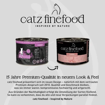 catz finefood Lamm im neuen und alten Design. Hinweis: Verpackungsumstellung, Qualität bleibt unverändert hochwertig. Beide Designs können parallel im Handel erscheinen. catz finefood Lamm im neuen und alten Design. Hinweis: Verpackungsumstellung, Qualität bleibt unverändert hochwertig. Beide Designs können parallel im Handel erscheinen.
