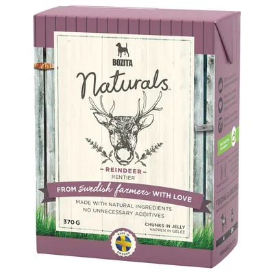 Упаковка Bozita Naturals Reindeer 370 г, надписи: From Swedish farmers with love, made with natural ingredients, no unnecessary additives, chunks in jelly, made in Sweden.
