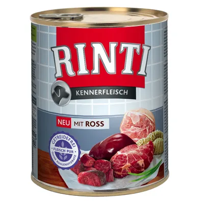 RINTI Kennerfleisch hondenvoer, tekst: NEU MIT ROSS, getreidefrei, fleisch pur, ohne kohlenhydrate. Afbeelding van verschillende soorten vlees op de verpakking.