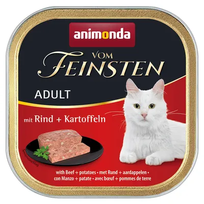Animonda Vom Feinsten Adult with beef and potatoes. Image of a white cat and a ready-to-serve piece of meat on a black plate.