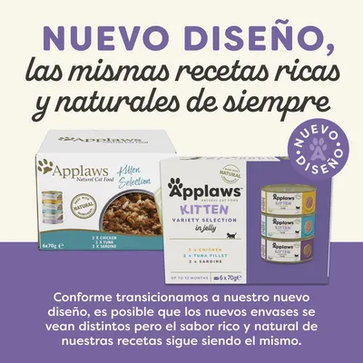 Applaws Kitten Selection, nuevo diseño de envase. Texto: 'Nuevo diseño, las mismas recetas ricas y naturales de siempre'. Variedad: pollo, atún, sardina. 6×70g.