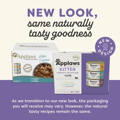 Dvě varianty balení Applaws Kitten Selection 6×70g, nápisy: NEW LOOK, same naturally tasty goodness, NEW DESIGN. Viditelné příchutě: kuře, tuňák, sardinka.