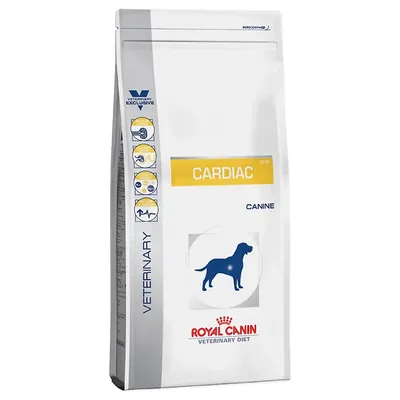 Royal Canin Veterinary Diet Cardiac Canine Trockenfutter für Hunde. Verpackung mit gelbem Label und blauer Hundesilhouette.