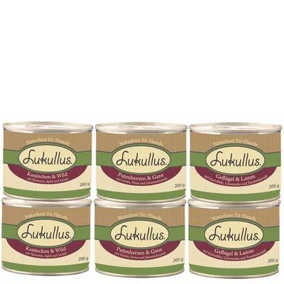 Lukullus koiran märkäruoka, 6 x 200 g: Kaninchen & Wild, Putenherzen & Gans, Geflügel & Lamm. Saksan- ja englanninkielinen teksti purkeissa.