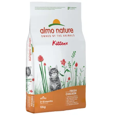 Almo Nature Kitten suché krmivo s čerstvým kuřetem, vhodné pro kočky od 2 do 12 měsíců. Velikost balení: 12 kg.