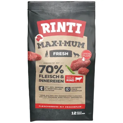Rinti Maxi-Mum Fresh, zubereitet mit 70% Fleisch & Innereien, reich an frischem Rind, getreidefreie Rezeptur, 12kg Packung.