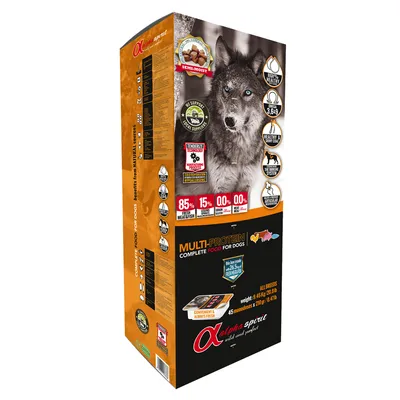 Alpha Spirit Multi-Protein Complete Food for Dogs box, 85% fresh meat/fish, 15% other ingredients, 0% grain/gluten, semi-moist, omega 3.6.9, 45 mono-doses x 210g, all breeds, visible wolf image