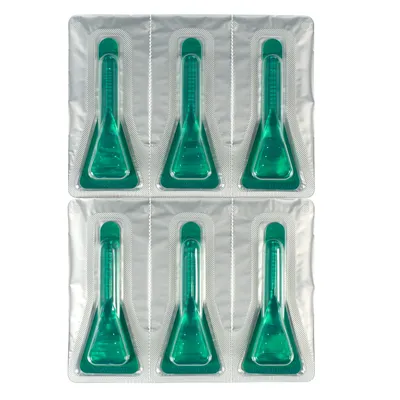 Plaquette de 6 pipettes individuelles en plastique vert transparent, emballées sous blister argenté. Aucun texte ou marque visible sur l’emballage.