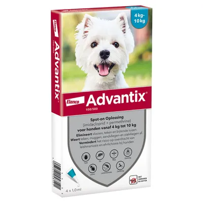 Elanco Advantix spot-on oplossing voor honden 4–10 kg, imidacloprid + permethrine. Elimineert vlooien, teken, bijtende luizen. Niet gebruiken bij katten. 4 x 1,0 ml.