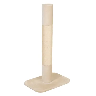 Cat tree with beige sisal post and rectangular base plate, suitable for claw care.