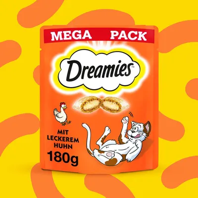 Dreamies Mega Pack z okusnim piščancem, 180g. Embalaža prikazuje mačko in piščanca ter polnjene prigrizke.