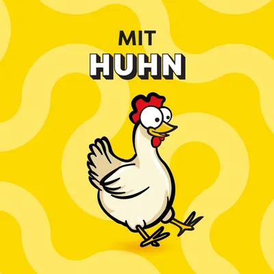 S piščancem. Ilustracija belega piščanca z rdečim grebenom na rumeni podlagi.