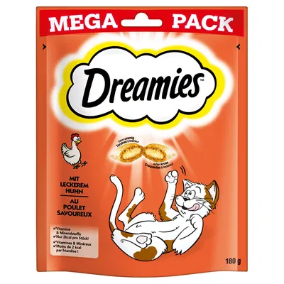 Opakowanie Dreamies MEGA PACK 180 g, ilustracja kota, tekst: mit leckerem Huhn, witaminy i minerały, mniej niż 2 kcal na smakołyk. Przekąska dla kotów z kurczakiem.