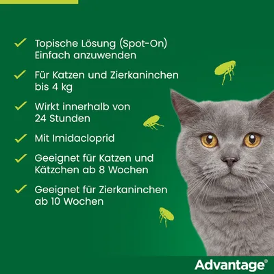 Advantage Spot-On Lösung für Katzen und Zierkaninchen bis 4 kg. Wirkt innerhalb von 24 Stunden. Geeignet ab 8 Wochen für Katzen, ab 10 Wochen für Kaninchen. Mit Imidacloprid.