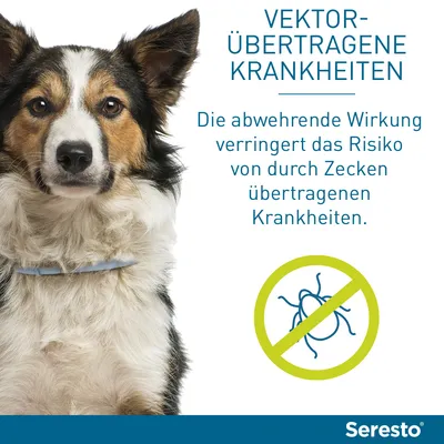 Seresto halsband om hond, Duitse tekst: 'Vektor-übertragene Krankheiten. Die abwehrende Wirkung verringert das Risiko von durch Zecken übertragenen Krankheiten.' Teken met streep erdoor.